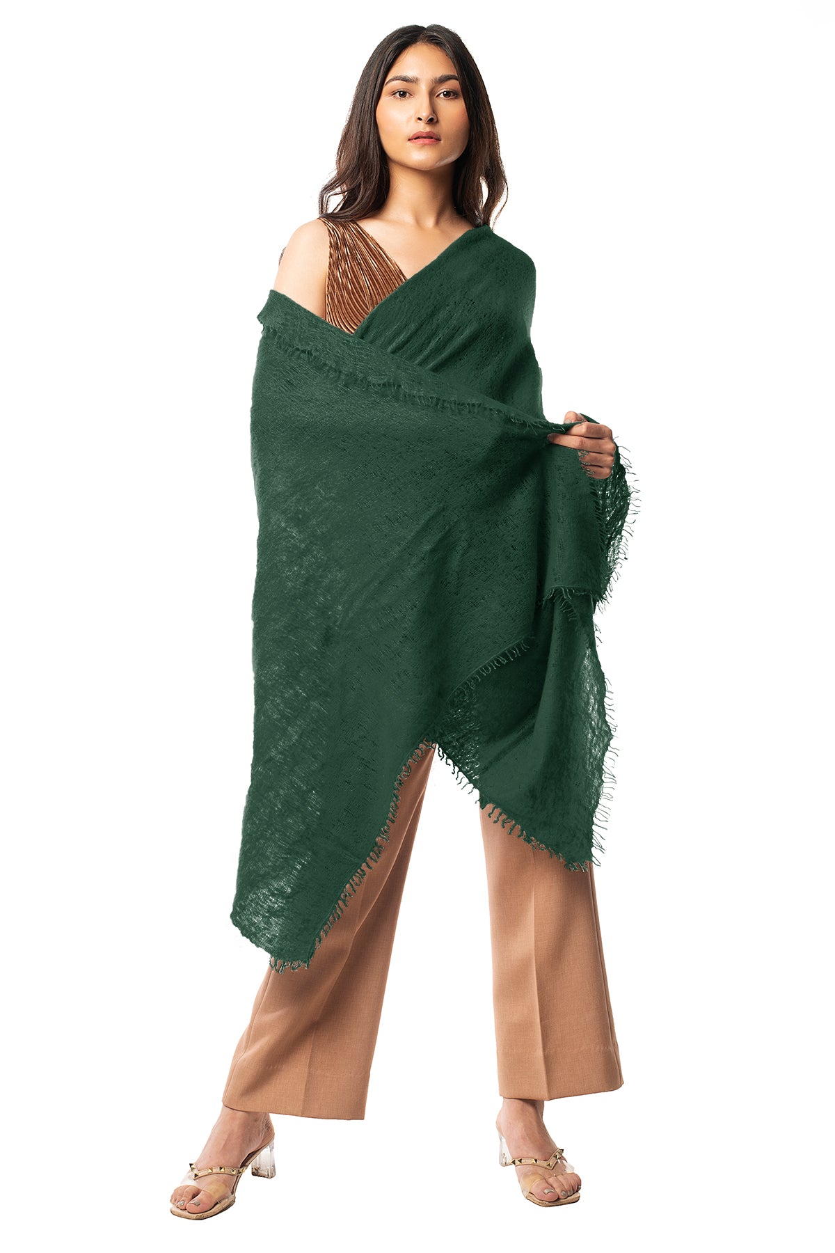 Luxurious hand-knitted forest green cashmere scarf with felted texture, perfect for cold weather